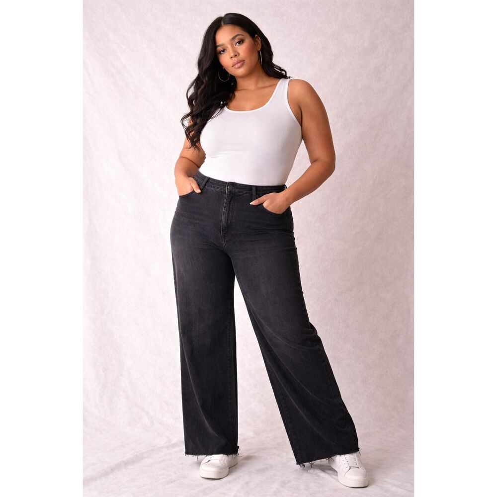 Good American Good Standard Ease Jeans Size 30 Plus Mid Rise Wide Leg Black